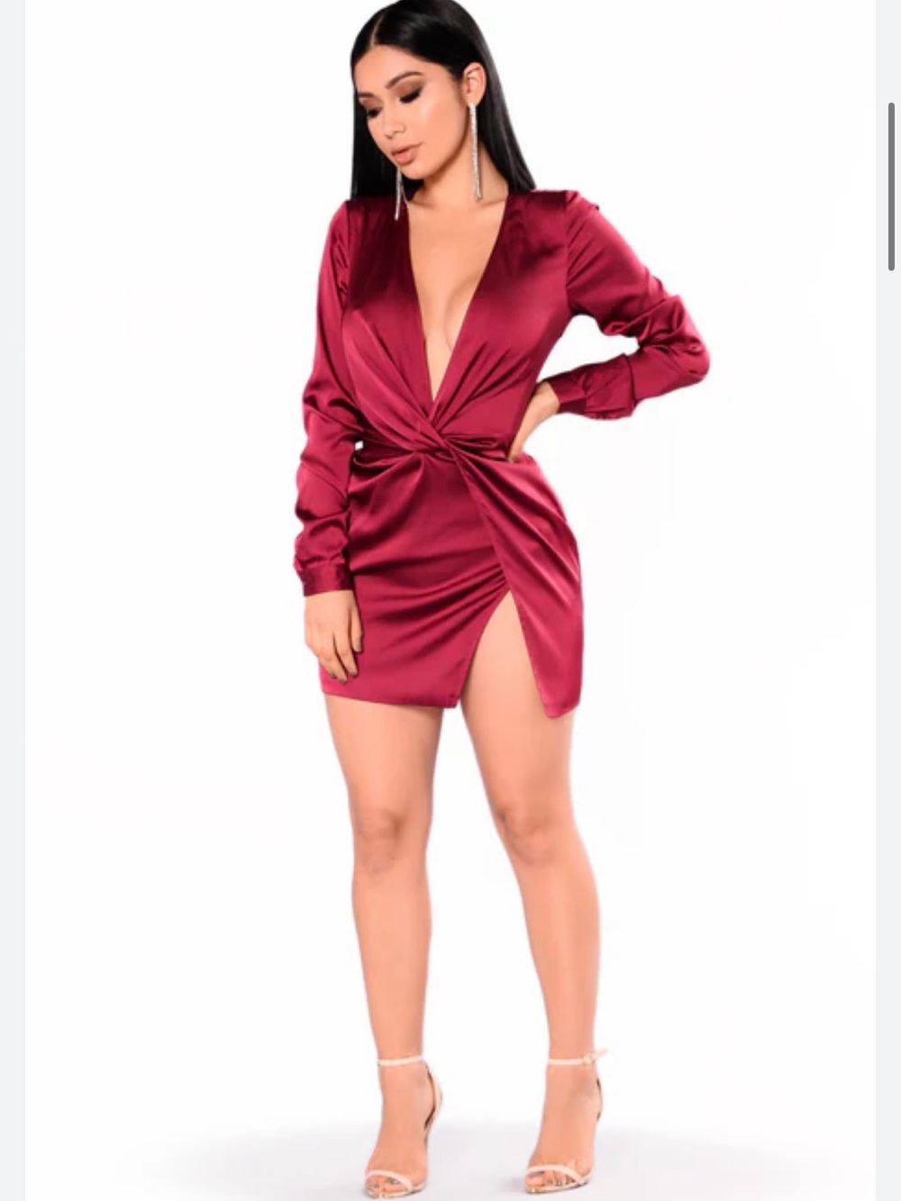 Fashion Nova Satin Twist Deep V Mini Dress in Burgundy